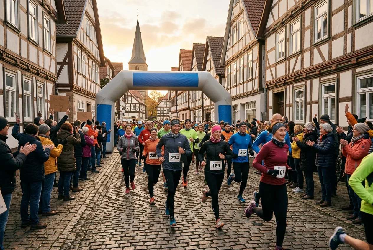 Läufer beim Stadtlauf unter dem Start-Ziel-Bogen